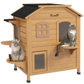 2-Story Wooden Outdoor Cat House Feral Shelter With Escape Door Asphalt Roof 4 Platforms Natural (Color: Yellow)